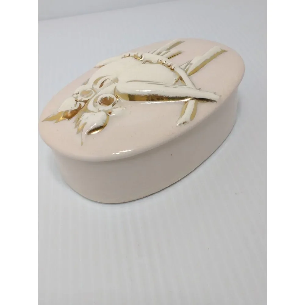 Vintage MCM Ceramic‎ Pink Trinket Box With Lid White Birds On Branch Gold Accent